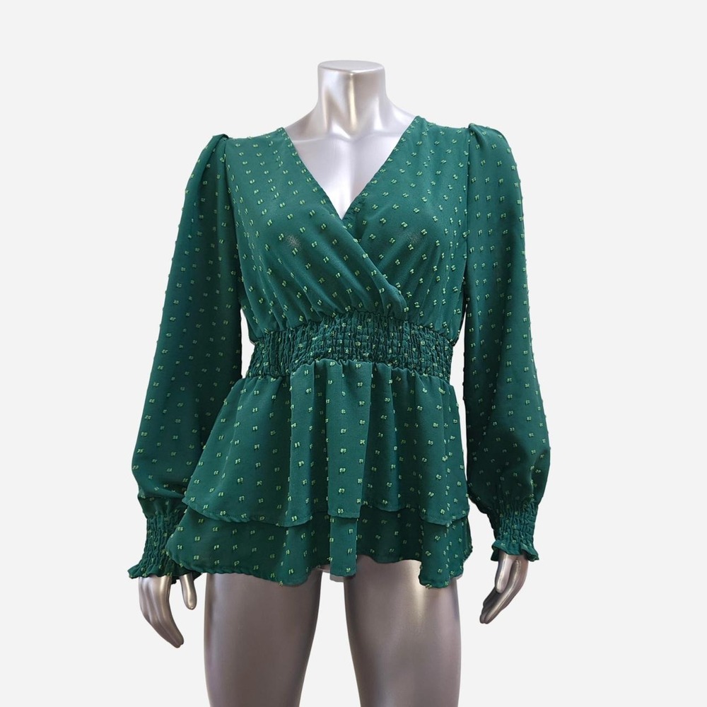 SHEIN Emerald Green Swiss Dot Peplum Blouse Women XL Wrap V-Neck Smocked Top